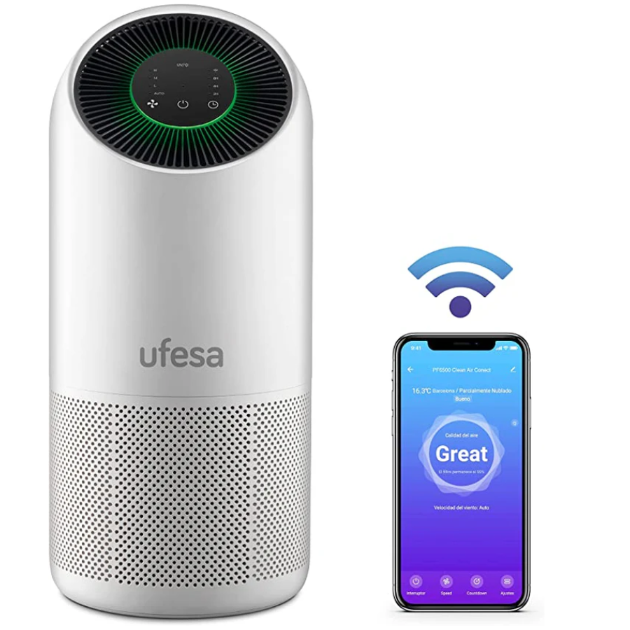 منقي هواء يوفيسا (Ufesa) موديل PF6500 - تغطية واسعة تصل إلى 60 متر مربع، نظام فلترة سداسي مع HEPA 13، تحكم ذكي عبر التطبيق، ومستشعر تلوث دقيق