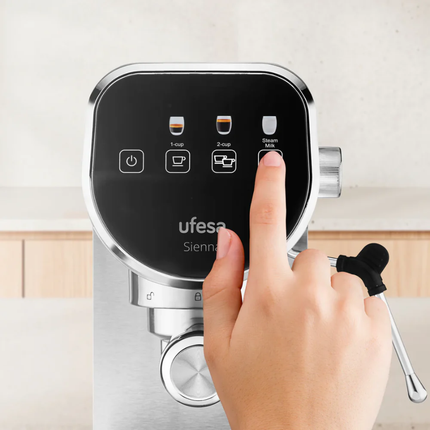 Ufesa Sienna Espresso Machine - 20 Bar Pressure Pump, Thermoblock Heating System, Milk Steam Wand & Digital Touch Control