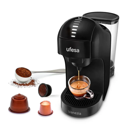 ماكينة قهوة يوفيسا (Ufesa) موديل Venezia متعددة الكبسولات - ضغط 19 بار، بقدرة 1450 واط، متوافقة مع نيسبريسو ودولتشي غوستو والقهوة المطحونة