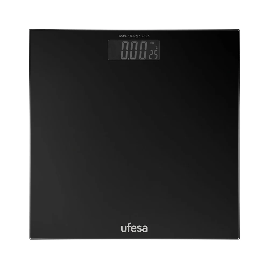 ميزان حمام رقمي يوفيسا (Ufesa) موديل Zurich - دقة عالية، شاشة LCD ذكية، قياس درجة حرارة الغرفة، وزجاج مقسى شديد التحمل