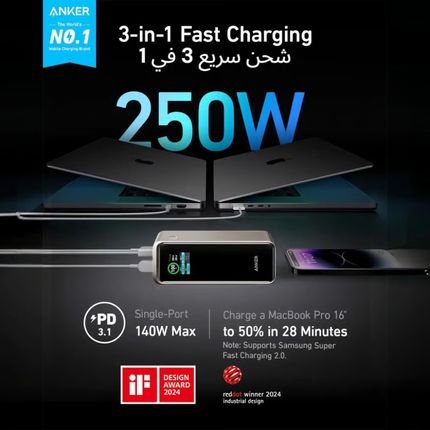 باور بانك أنكر برايم (Anker Prime) سعة 27,650mAh – بقوة 250 واط مع شاشة ذكية وتحكم عبر التطبيق