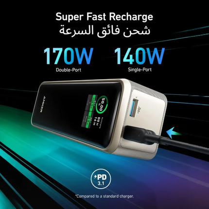 باور بانك أنكر برايم (Anker Prime) سعة 27,650mAh – بقوة 250 واط مع شاشة ذكية وتحكم عبر التطبيق