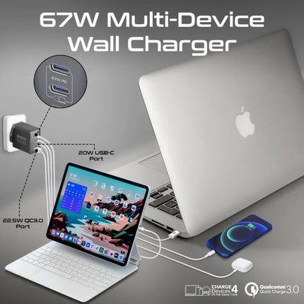 Promate GanPort4-100PD 100W Ultra-Fast GaN Wall Charger - 4-Port Power Delivery with Dual USB-C and Quick Charge 3.0