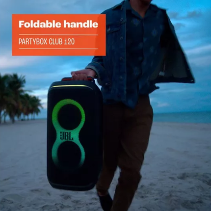 سبيكر الحفلات المتنقل JBL PartyBox Club 120 - قوة 160 واط، تقنية تعزيز الصوت بالذكاء الاصطناعي، عرض ضوئي ديناميكي، ومقاوم لرزاذ الماء
