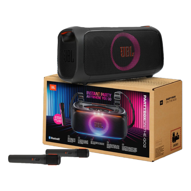 JBL PartyBox On-The-Go 2 Portable Party Speaker with 2 Wireless Microphones