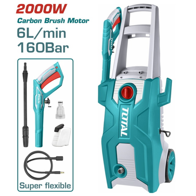 Total High Pressure Washer 2000W Max Pressure 160Bar Auto Stop Heavy Duty Cleaning Machine with Spray Gun Hose and Soap Bottle Model TGT11376