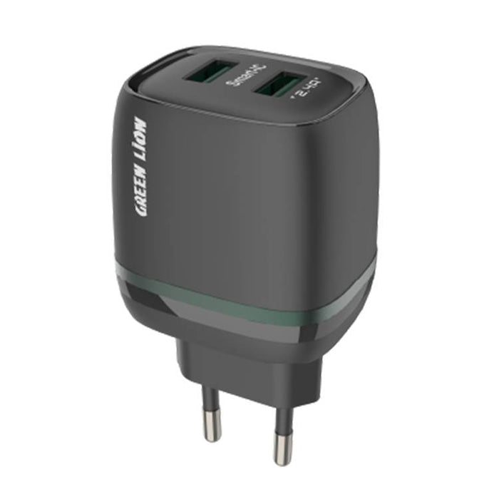 شاحن جداري جرين ليون (Green Lion) بمنفذين USB وقوة 12 واط مع كابل USB-C بطول 1 متر - أسود