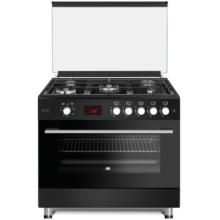 Conti Freestanding Gas Oven 90cm - 5 Burners, Heavy Duty Cast Iron Supports, Convection Fan, Triple Glass Door, Black Color