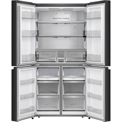 ثلاجة هايسنس 4 أبواب (Hisense Cross Door) - سعة 583 لتر، لون أسود مع تقنية Triple Zone وTotal No Frost ومحرك إنفيرتر ذكي