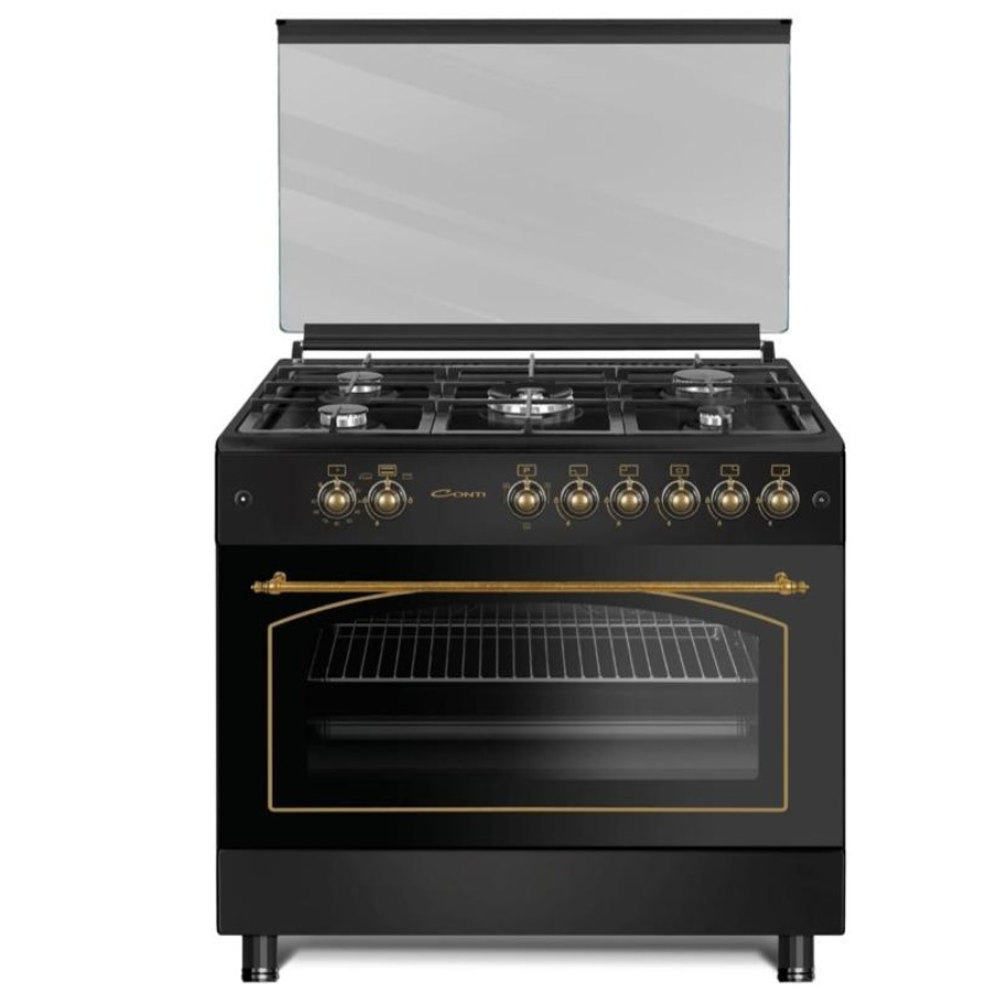 فرن غاز كونتي 90 سم (Conti) - 5 شعلات، مناصب حديد سكب (Cast Iron)، أمان كامل، لون فضي Inox مع مروحة لتوزيع الحرارة وشواية فرن غاز كونتي 90 سم (Conti) - 5 شعلات، مناصب حديد سكب (Cast Iron)، أمان كامل، لون فضي Inox مع مروحة لتوزيع الحرارة وشواية
