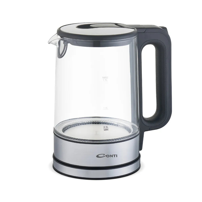 Conti Glass Electric Kettle 1.7L - Sleek Transparent Design with LED Lighting, Auto Shut-Off, and 360° Swivel Base
