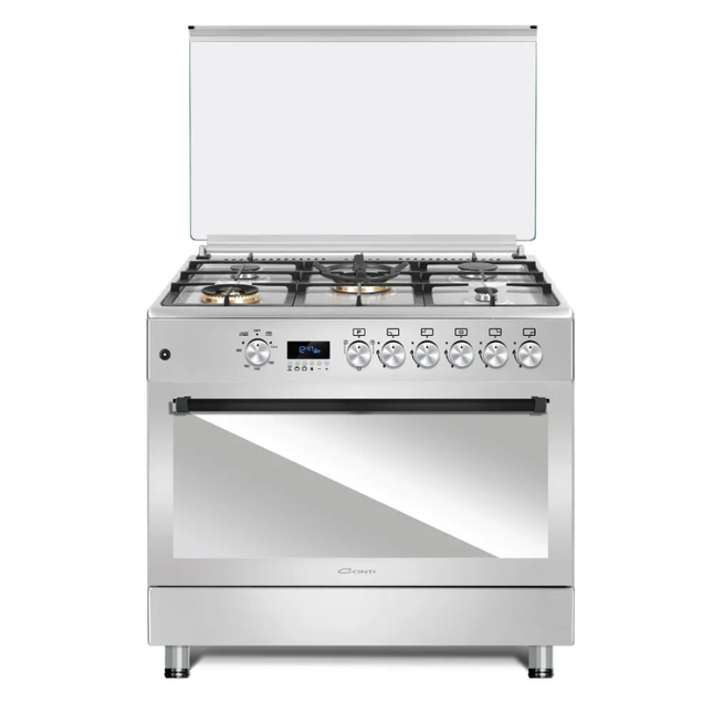 Conti Gas Cooker 90cm - 5 Burners, Cast Iron Supports, Full Safety, Stainless Steel Design with Rotisserie Grill & Auto Ignition