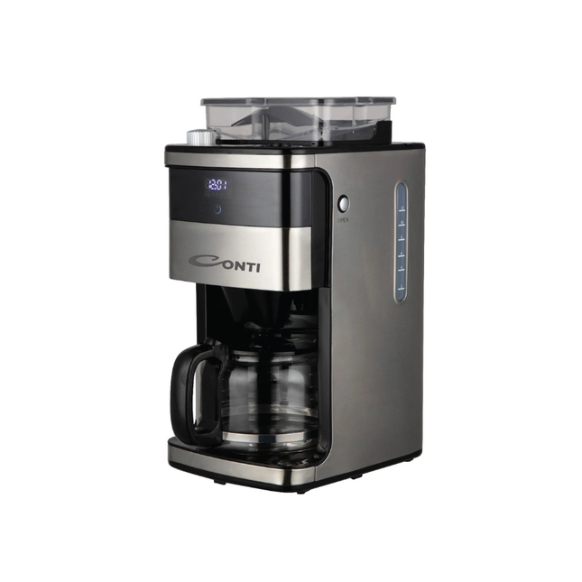 Conti Filter Coffee Maker with Integrated Grinder - 1.2L Capacity, LCD Digital Display, Adjustable Grind Settings, and Programmable Timer