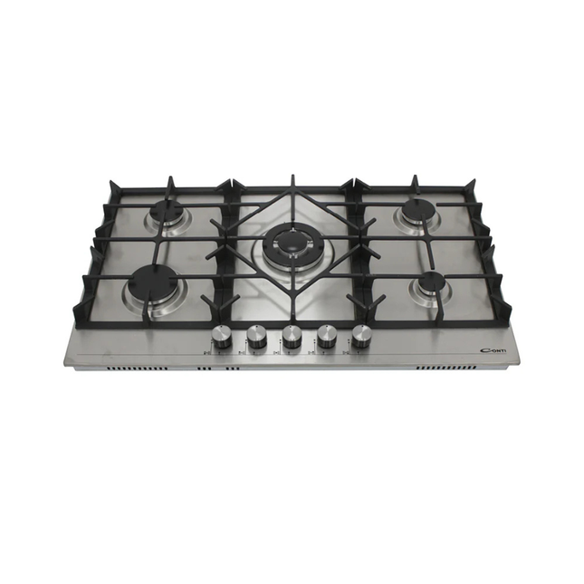 Conti Built-in Gas Hob 90cm - 5 Burners, Heavy Duty Cast Iron Supports, Wok Burner, Full Safety, Stainless Steel (Inox)