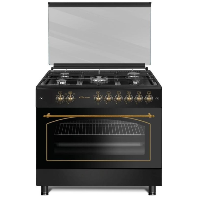 Conti Gas Cooker 90cm - 5 Burners, Cast Iron Supports, Oven with 2 Fans, Triple Glass Door, Black Classic, & Full Safety