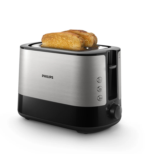 محمصة خبز فيليبس (Philips) - فتحتان بفتحات واسعة، هيكل ستانلس ستيل، 7 إعدادات للتحمير، وظيفة إذابة وتجميد، ورف تسخين مدمج