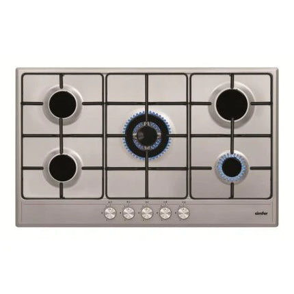Simfer 90cm Built-in Gas Hob with 5 Burners, High-Efficiency Side Wok Burner & Cast Iron Pan Supports - Inox (H9511 VGRM)