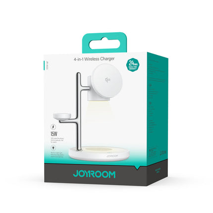 Joyroom JR-W23 4-in-1 Qi2 Certified Wireless Charging Station - 15W Magnetic Fast Charge - Charging Stand for iPhone, Apple Watch, and AirPods - Built-in Night Light - White