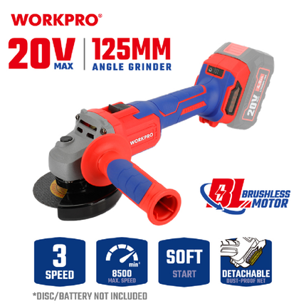 WORKPRO 20V Brushless Cordless Angle Grinder 125mm