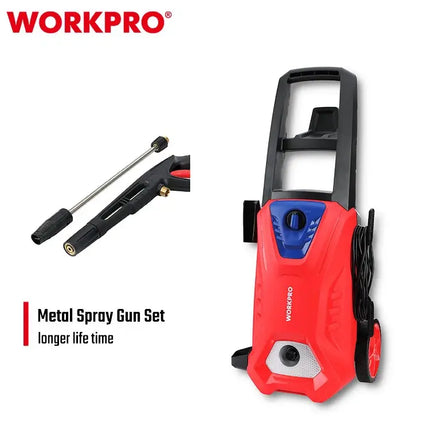 WORKPRO pressure washer with metal spray gun set on a white background 2500W High Pressure Washer | WP423013 Red pressure washer with dimensions labeled on a white background, featuring the WORKPRO brand. 