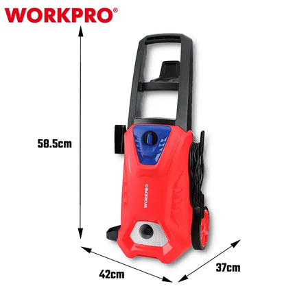 2500W High Pressure Washer | WP423013 Red pressure washer with dimensions labeled on a white background, featuring the WORKPRO brand. 