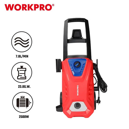 2500W High Pressure Washer | WP423013 Red pressure washer with dimensions labeled on a white background, featuring the WORKPRO brand. 
