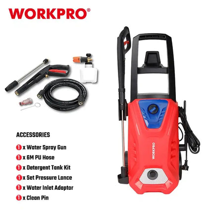 2500W High Pressure Washer | WP423013 Red pressure washer with dimensions labeled on a white background, featuring the WORKPRO brand. 
