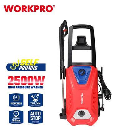 WORKPRO high pressure washer with features highlighted on a white background 2500W High Pressure Washer | WP423013 Red pressure washer with dimensions labeled on a white background, featuring the WORKPRO brand. 