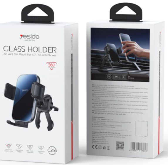 Yesido C256 Premium Glass Car Phone Holder - Air Vent Gravity Mount with Tempered Glass Panel, One-Hand Operation & 360° Rotation for 4.7-7.2 inch Phones