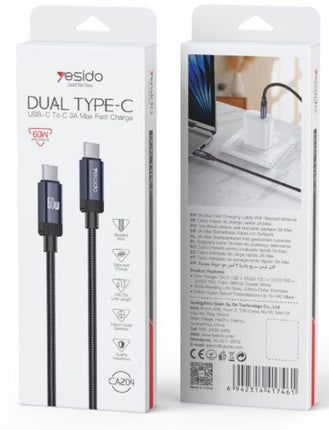 سلك شحن Yesido CA204 تايب سي إلى تايب سي (Dual Type-C) - قدرة 60 واط، شحن سريع 3A، سلك مجدول متين بطول 100 سم