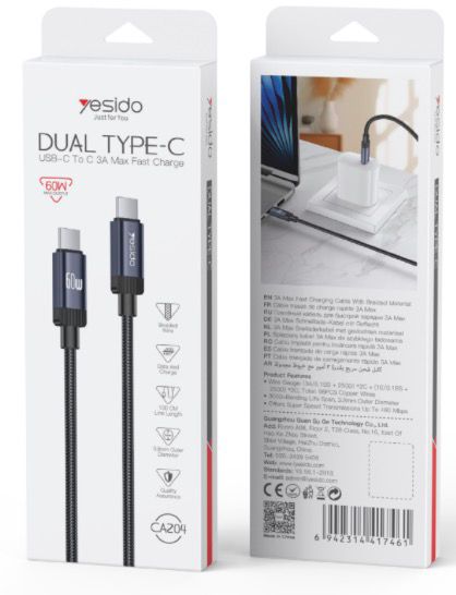سلك شحن Yesido CA204 تايب سي إلى تايب سي (Dual Type-C) - قدرة 60 واط، شحن سريع 3A، سلك مجدول متين بطول 100 سم