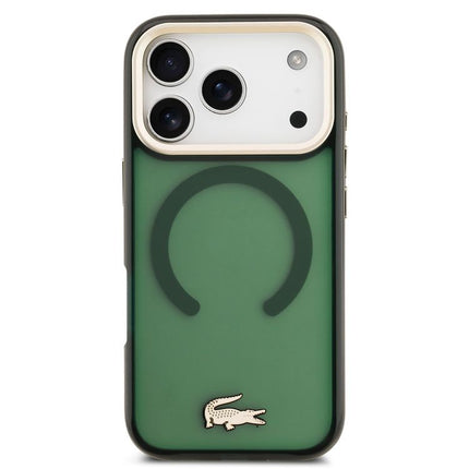 كفر لاكوست (Lacoste) شفاف مع شعار معدني ذهبي للايفون 17 برو ماكس - يدعم الماج سيف (MagSafe)، حماية شفافة وتصميم فاخر - لون ذهبي