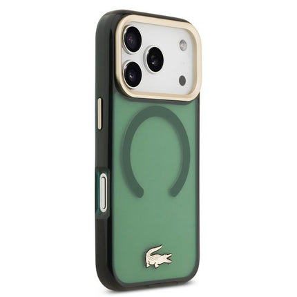 كفر لاكوست (Lacoste) شفاف مع شعار معدني ذهبي للايفون 17 برو ماكس - يدعم الماج سيف (MagSafe)، حماية شفافة وتصميم فاخر - لون ذهبي