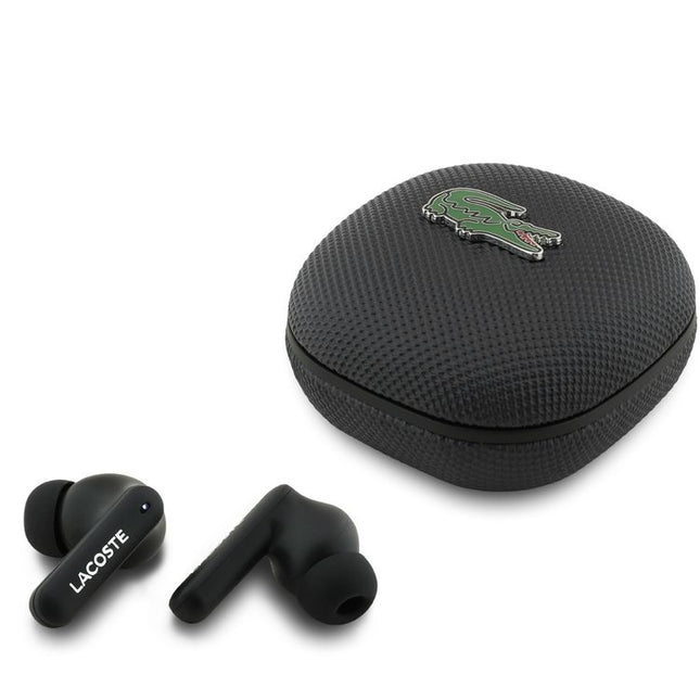 Lacoste Iconic Petit Piqué Leather TWS Earbuds, True Wireless Bluetooth Headphones with Charging Case - Black