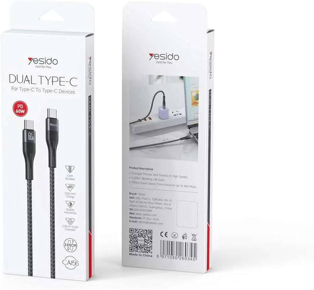 كابل بيانات قطني من Yesido CA156 بقوة 60 واط من USB-C إلى USB-C كابل بيانات قطني من Yesido CA156 بقوة 60 واط من USB-C إلى USB-C
