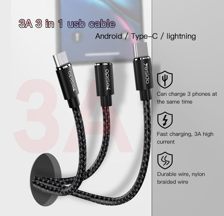 كابل شحن سريع USB 3 في 1 من Yesido CA60 كابل شحن سريع USB 3 في 1 من Yesido CA60