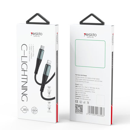 كابل بيانات شحن سريع من Type-C إلى Lightning من Yesido CA64 بطول 1.2 متر/2.4 أمبير