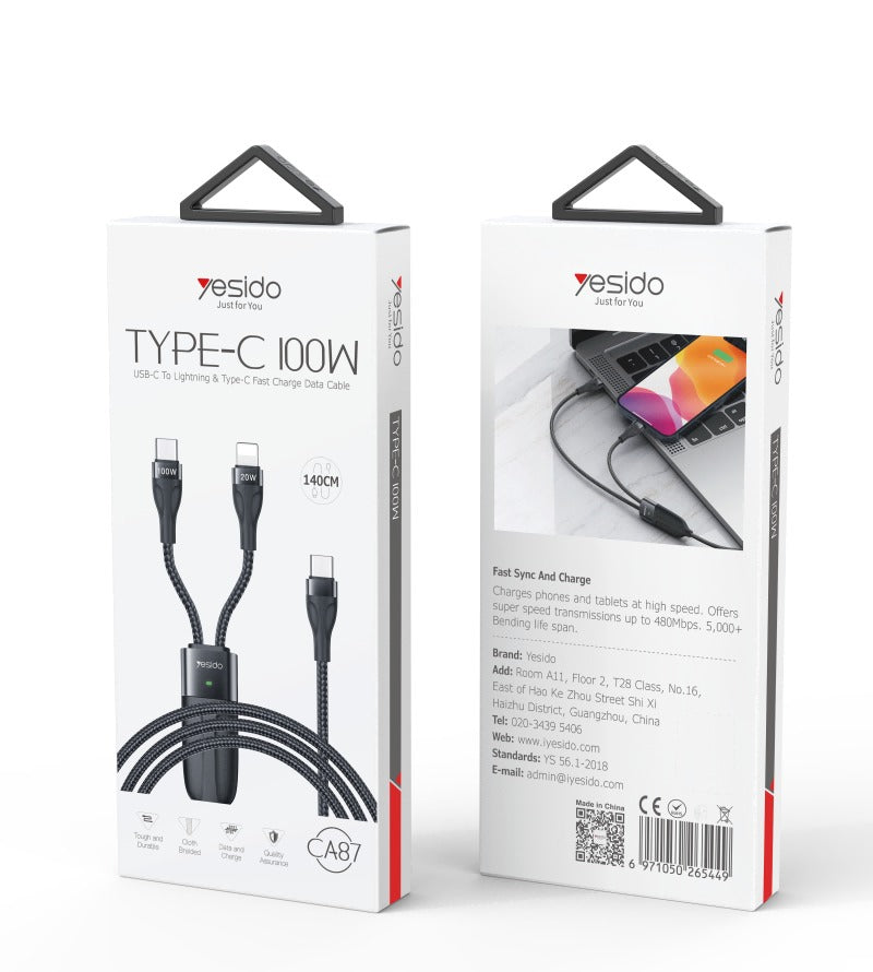 Yesido CA87 2-in-1 Lightning and USB-C Data Cable Yesido CA87 2-in-1 Lightning and USB-C Data Cable