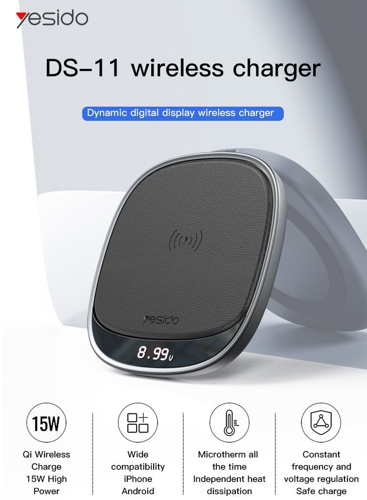 شاحن Yesido DS11 اللاسلكي بقوة 15 واط مع شاشة LED رقمية شاحن Yesido DS11 اللاسلكي بقوة 15 واط مع شاشة LED رقمية