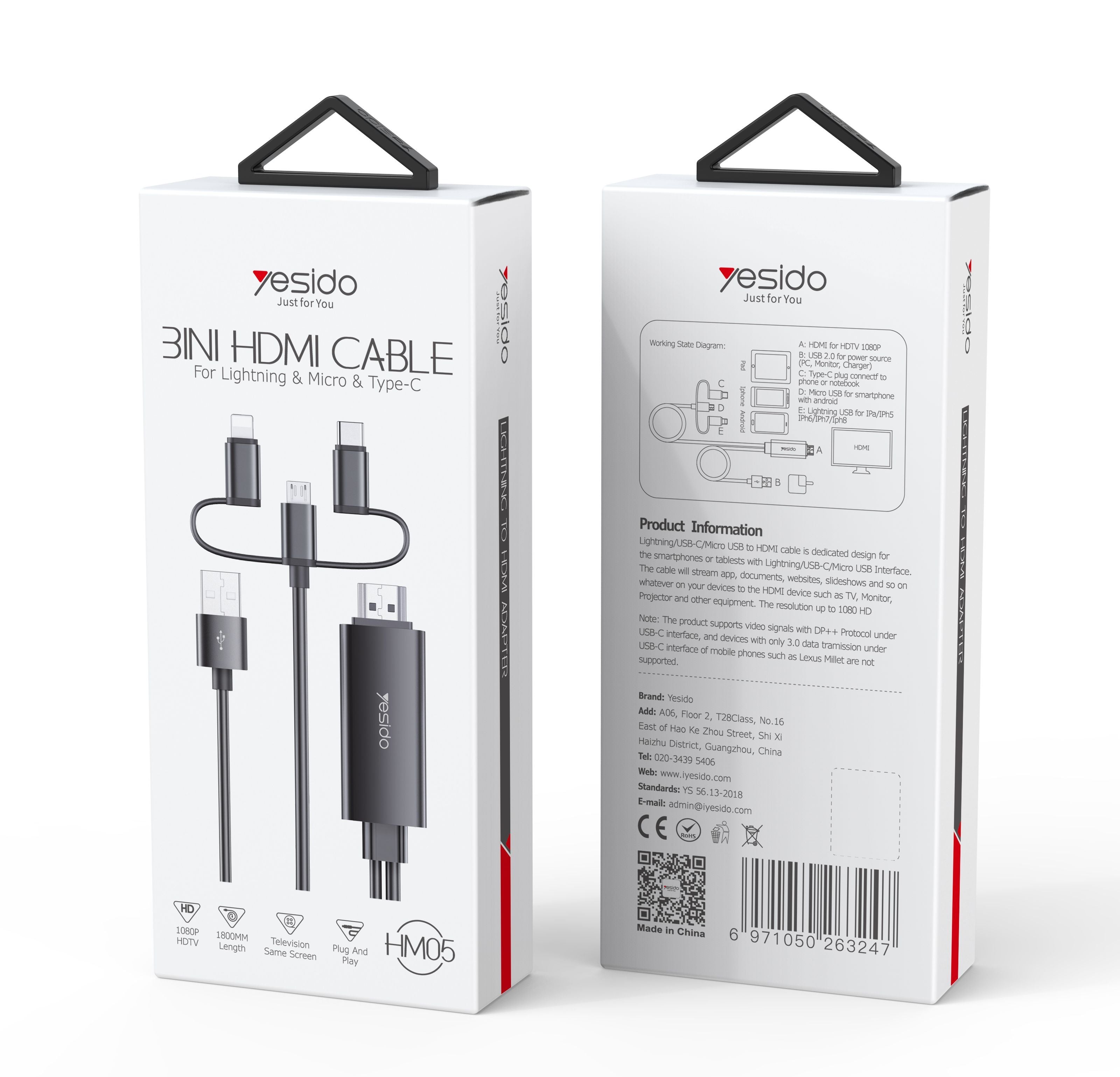 كابل HDMI 3 في 1 من Yesido HM05 (Lightning، Type-C، Micro USB)