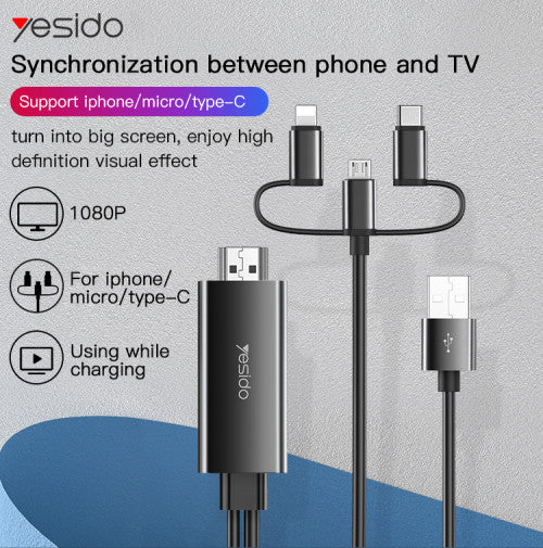 كابل HDMI 3 في 1 من Yesido HM05 (Lightning، Type-C، Micro USB) كابل HDMI 3 في 1 من Yesido HM05 (Lightning، Type-C، Micro USB)