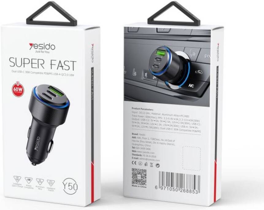 شاحن سيارة Yesido Y50 60W من سبائك الألومنيوم + ABS شاحن سيارة Yesido Y50 60W من سبائك الألومنيوم + ABS