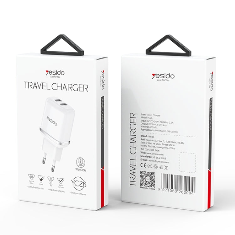 شاحن سفر Yesido YC26 (EU) بمنفذي USB وكابل Micro شاحن سفر Yesido YC26 (EU) بمنفذي USB وكابل Micro