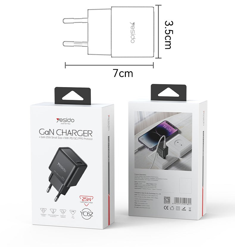 شاحن سريع YC62 بقوة 25 واط من Yesido GaN شاحن سريع YC62 بقوة 25 واط من Yesido GaN