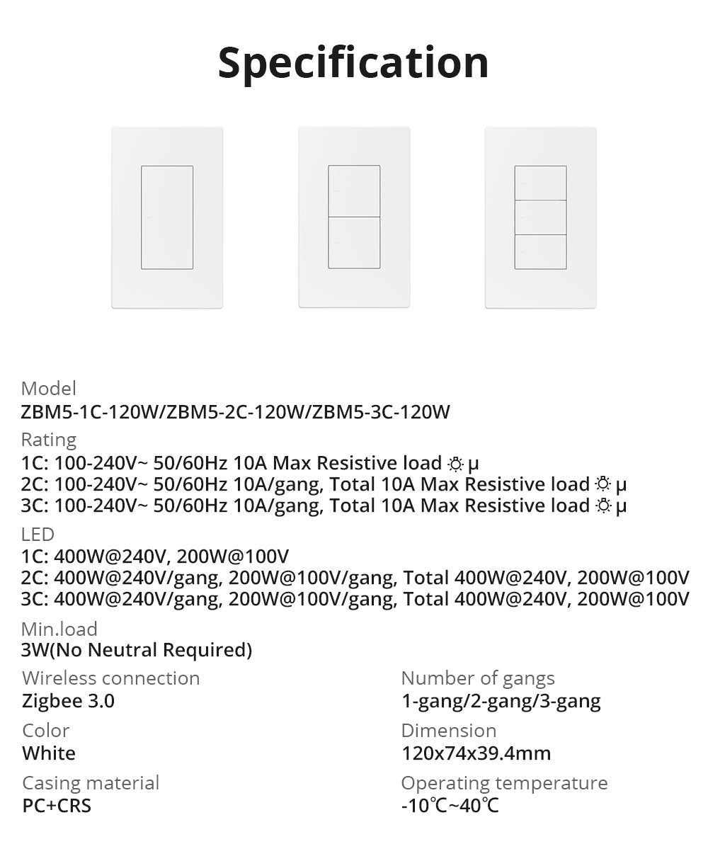 مفتاح جداري ذكي ZBM5 SwitchMan بتقنية Zigbee (مفتاح واحد، مقاس 120) مفتاح جداري ذكي ZBM5 SwitchMan بتقنية Zigbee (مفتاح واحد، مقاس 120)