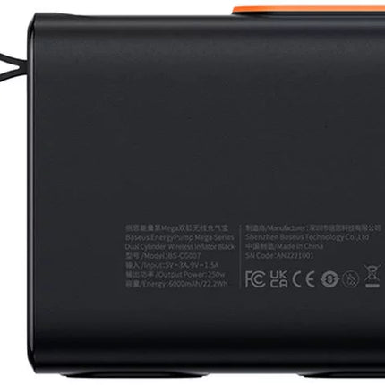 Baseus Mega Energy Pump Dual Cylinder Wireless Inflator - High-Pressure Portable Air Compressor - Fast Inflation - Digital Pressure Display - 6000mAh Battery - Auto Shut-off - Multi-mode for Cars, Motorcycles, and Balls