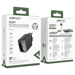 Acefast A104 GaN PD 25W Fast Wall Charger, USB-C Power Delivery, PPS Support for Samsung & iPhone, Compact Design - Black (EU Plug)