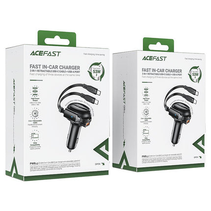Acefast B13 53W 2-in-1 Car Charger with Built-in Retractable USB-C Cable (65cm), Dual Port Fast Charging (USB-C + USB-A), PD30W Fast Charge for iPhone and Android - Black