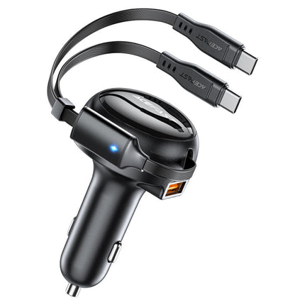Acefast B13 53W 2-in-1 Car Charger with Built-in Retractable USB-C Cable (65cm), Dual Port Fast Charging (USB-C + USB-A), PD30W Fast Charge for iPhone and Android - Black