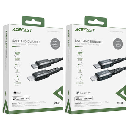 Acefast C1-01 USB-C to Lightning Fast Charging Cable, PD 20W/30W Support, Durable & Flexible TPE Sync Cord, 1.2m High-Speed Cable for iPhone & iPad - Black